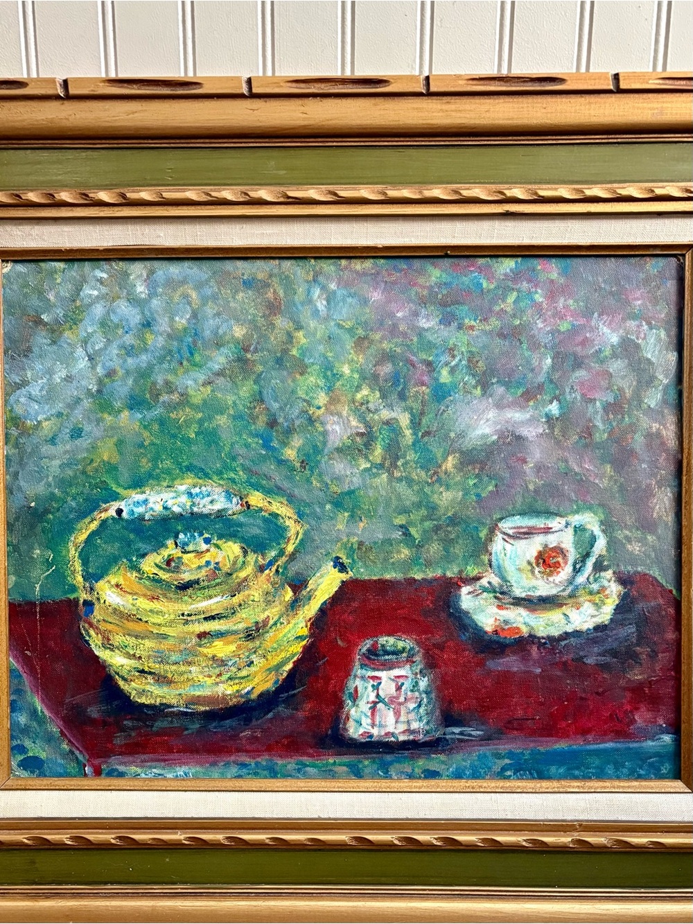 Vintage Teapot Still Life Abstract Oil Painting Framed Green & Gold Impasto VTG - Picture 3 of 14